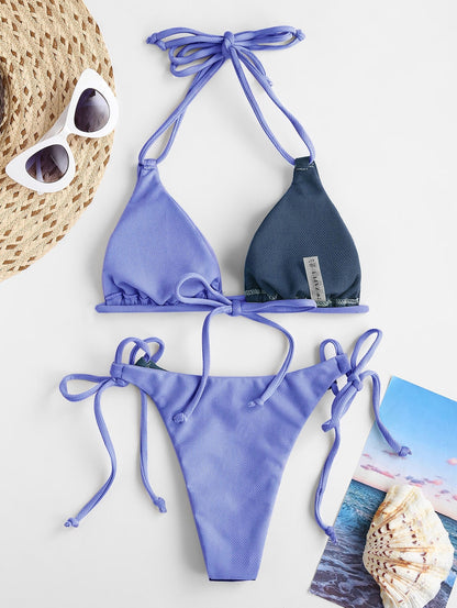 Micro G String Color Block Textured Halter String Bikini Set Two-Piece Suits Swim Party Wear The Clothing Company Sydney
