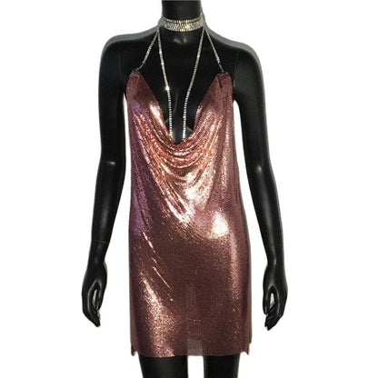 Gold Sequined Patchwork Mini Dress Women Sleeveless Low Cut Metal Chains Halter Slim Charming Nightclub Party Dresses The Clothing Company Sydney