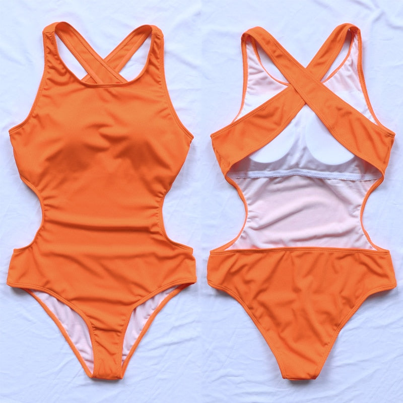 Ribbed One Piece Women Swimsuits Cut Out Swimwear High Neck Bodysuit Solid Beachwear Cross Back Monokini Clothing Company Sydney