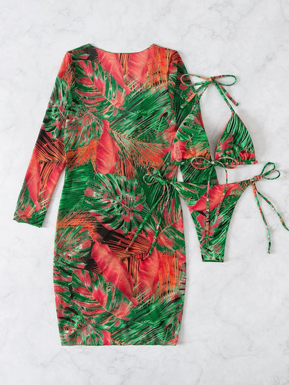 Slit Cuff Plunge Neck Three Piece Bikini Set with Cover Up Plain Swimsuit Women Swimwear Summer Beach Bathing Suit The Clothing Company Sydney