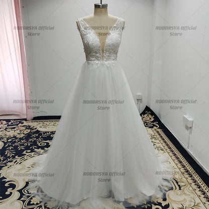 Vintage Lace Appliques Wedding Dresses Plus Size Beach Backless V-Neck Bridal Gowns Tull Sweep Train Dress The Clothing Company Sydney