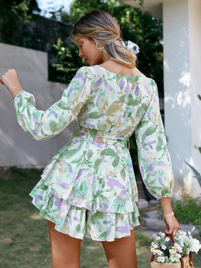 Holiday sash long sleeve ruffle print romper summer Lace up floral short overall A-line v-neck beach rompers The Clothing Company Sydney