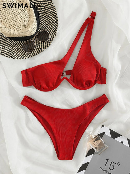 2 Piece Ribbed Bikini One Shoulder Swimwear Swimsuit Push Up Bikini Set High Cut Bathing Suit Brazilian Bikini Set The Clothing Company Sydney