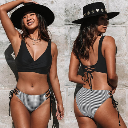 Yellow And Lemon Print Mid-Waist Bikini Sets Swimsuit Lace Up Two Pieces Swimwear Beach Bathing Suits The Clothing Company Sydney