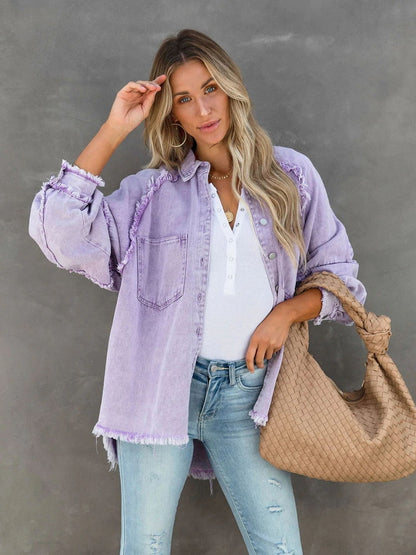 Loose Turn-down Collar Denim Jacket Coat Casual Denim Jacket Long Sleeve Tassel Solid washed Tops The Clothing Company Sydney