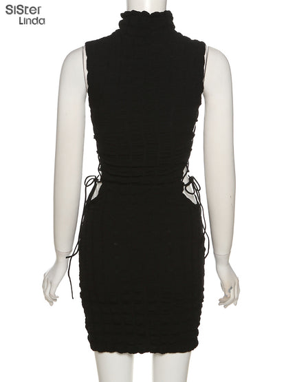 Stacked Plaid Bandage Hollow Y2K Dress Sleeveless Turtleneck String Bodycon Party Clubwear Outfits The Clothing Company Sydney