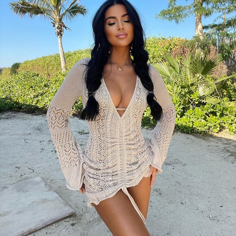 Knitted Hook Flower Hollow Out Drawstring Women Dress Blue Long Sleeve V-neck Dress Spring Slim Fashion Streetwear The Clothing Company Sydney