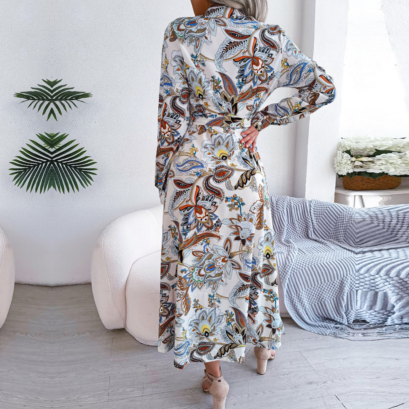 Spring Summer Retro Floral Collar Long Sleeve Tie Up Shirt Dress For Ladies Fashion All Match Print Dresses The Clothing Company Sydney