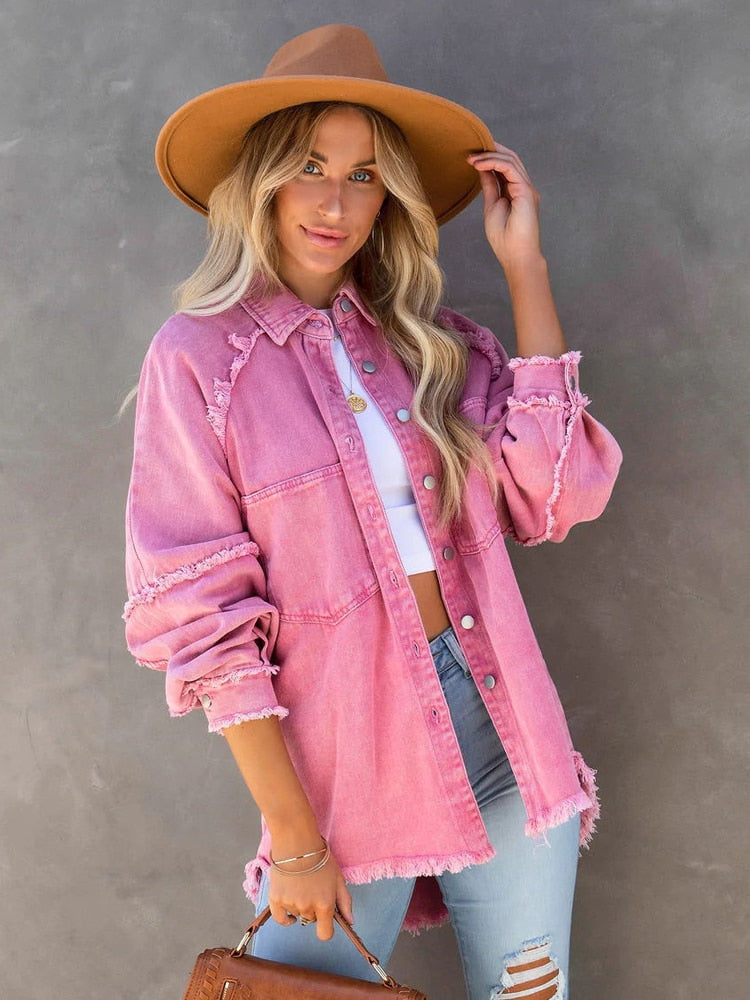 Loose Turn-down Collar Denim Jacket Coat Casual Denim Jacket Long Sleeve Tassel Solid washed Tops The Clothing Company Sydney