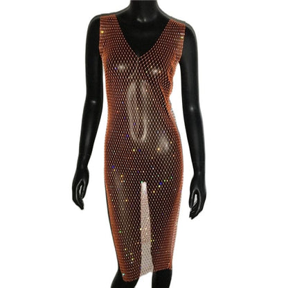 Rhinestone Mesh Party Sequins Crystal Dress Women Sexy Sleeveless Hollow Out Bodycon Outwear Nightclub Beach Dresses The Clothing Company Sydney