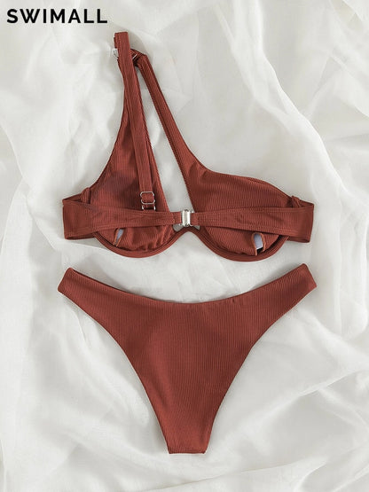 2 Piece Ribbed Bikini One Shoulder Swimwear Swimsuit Push Up Bikini Set High Cut Bathing Suit Brazilian Bikini Set The Clothing Company Sydney
