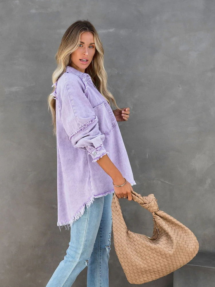 Loose Turn-down Collar Denim Jacket Coat Casual Denim Jacket Long Sleeve Tassel Solid washed Tops The Clothing Company Sydney