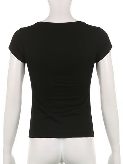 Y2K Cross Crop Top Folds Black Square Collar T Shirt Short Sleeve Square Collar Cute Chic Tee Grunge Tee Retro Top The Clothing Company Sydney