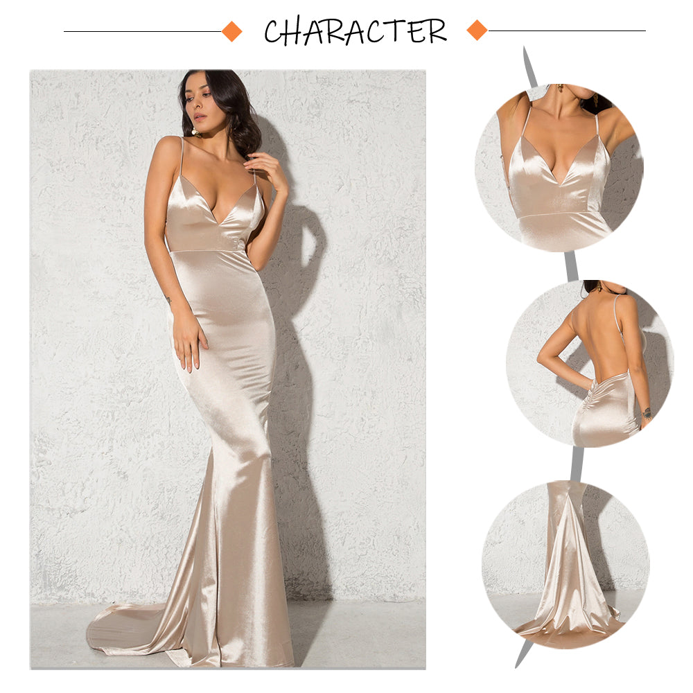 Backless Satin Evening Gown Strappy Deep V Neck Floor Length Prom Padded Stretch Formal Cocktail Wedding Party Dresses The Clothing Company Sydney