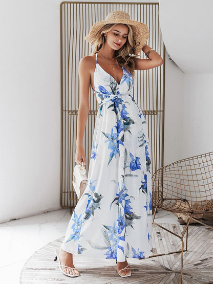 Holiday print straps backless summer party dress women High waist lace up split maxi dresses V-neck beach Dress The Clothing Company Sydney