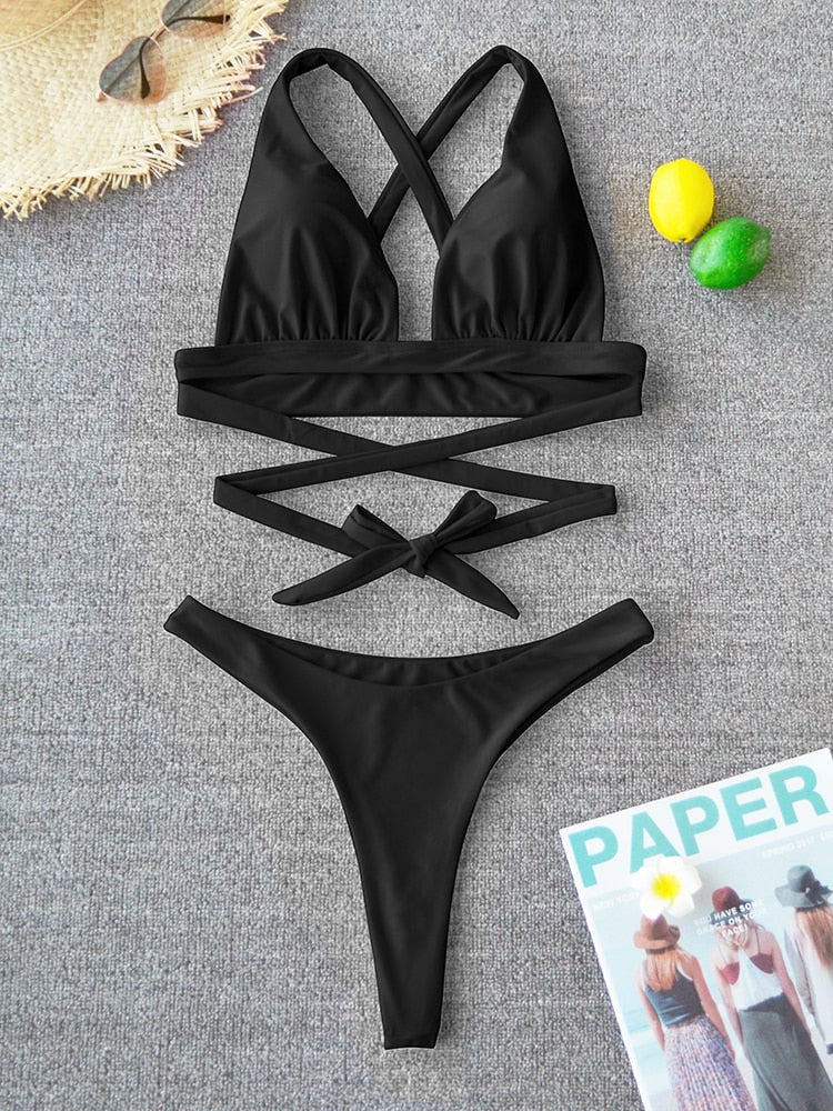 2 Piece Solid Swimsuit Swimwear Push Up Bikini Set Cross Bandage Bathing Suit Beach Wear Swimming Suit The Clothing Company Sydney