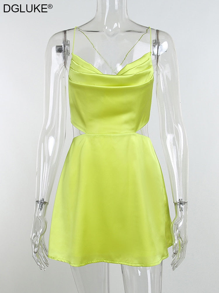 Spaghetti Strap Backless Satin Cut Out Mini Summer Dresses Elegant Cowl Neck Party Dress in Green Black The Clothing Company Sydney