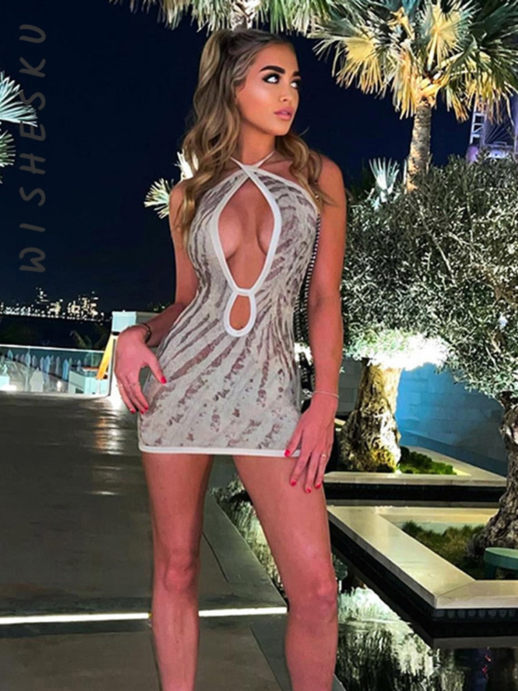 Cross Halter Cut Out Backless Mini Dress Print Sleeveless Bodycon Summer Night Club Party Dress The Clothing Company Sydney
