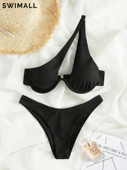 2 Piece Ribbed Bikini One Shoulder Swimwear Swimsuit Push Up Bikini Set High Cut Bathing Suit Brazilian Bikini Set The Clothing Company Sydney