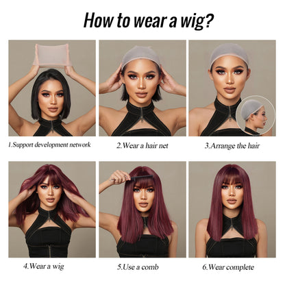 Short Straight Bob Wigs with Bang Golden Brown Natural Synthetic Hair for Women Daily Cosplay Heat Resistant Fiber Wigs The Clothing Company Sydney