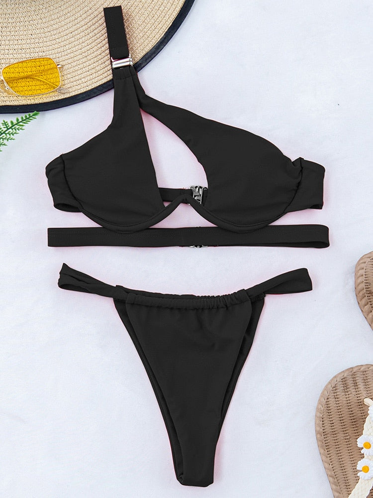 2 Piece Push Up Bikinis Swimsuit Cut Out Swimwear One Shoulder Bikini Set Thong Solid Bathing Suits The Clothing Company Sydney