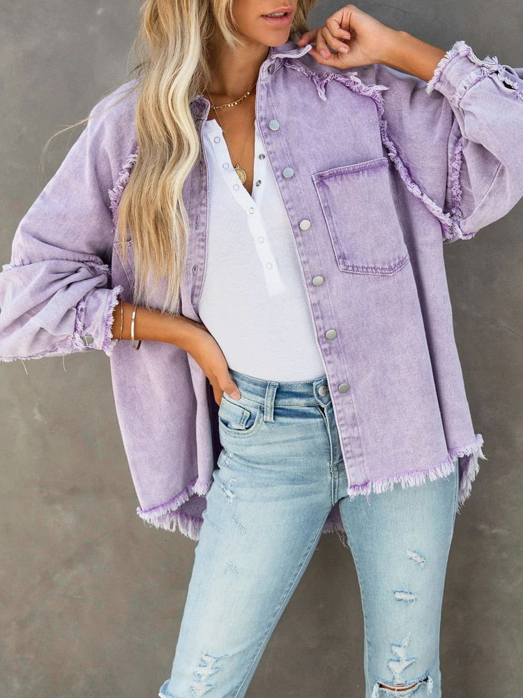 Loose Turn-down Collar Denim Jacket Coat Casual Denim Jacket Long Sleeve Tassel Solid washed Tops The Clothing Company Sydney