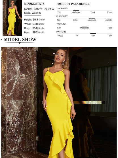 Ruffles Spaghetti Strap Fashion Dress Summer V Neck Yellow Sleeveless Celebrity Evening Club Casual Party Maxi Dress The Clothing Company Sydney