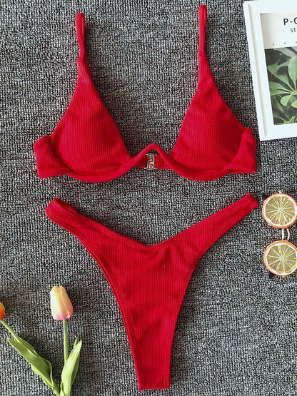 Neon V-bar Underwired Bikini Ribbed Swimsuit Women Thong Swimwear Two-pieces Bikini set Push up Bathing Suit The Clothing Company Sydney