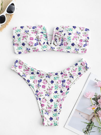 V-wired Ruffle Ribbed High Cut Bikini Swimwear High Cut Strapless Lace Up Removable Padded Women Bathing Suit The Clothing Company Sydney