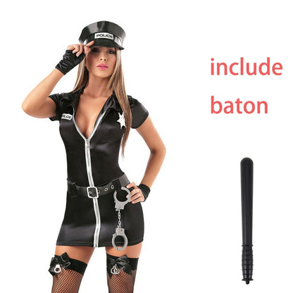 Female Cop Officer Policewomen Outfit Black Zipper Satin Police Women Cosplay Costume The Clothing Company Sydney