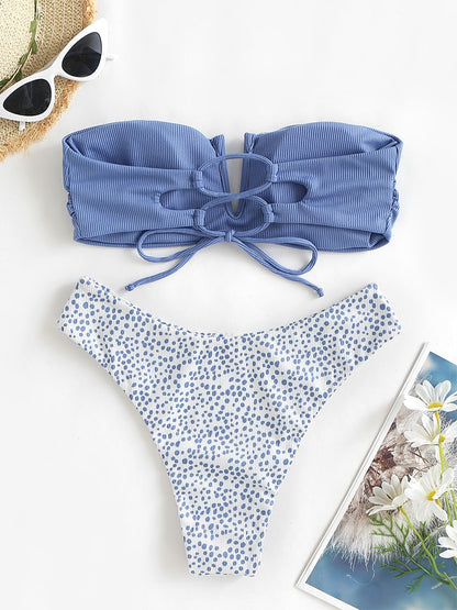 V-wired Ruffle Ribbed High Cut Bikini Swimwear High Cut Strapless Lace Up Removable Padded Women Bathing Suit The Clothing Company Sydney