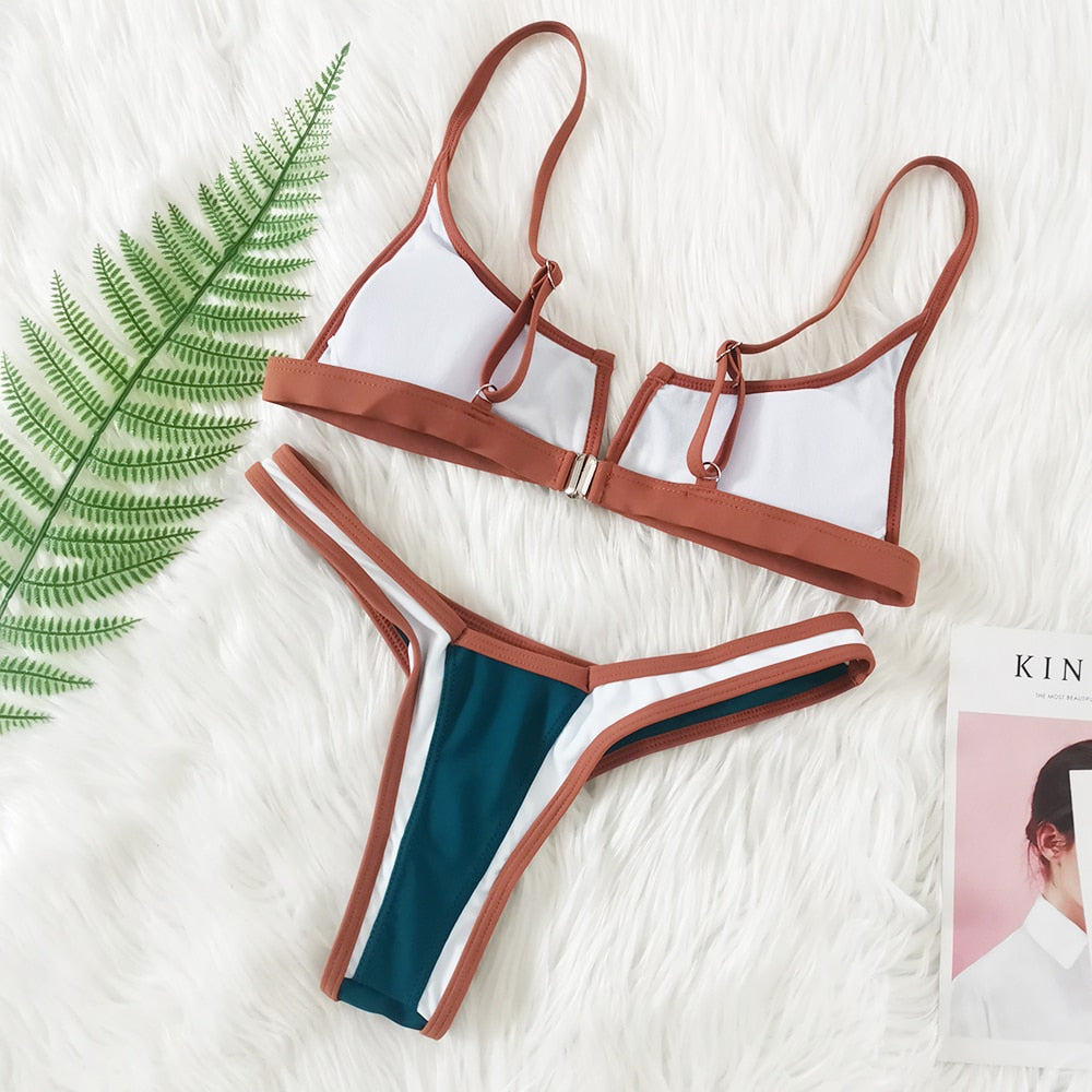 2 Piece Vintage Retro Bikini Patchwork Swimsuit Thong Brazilian Swimwear Summer Micro V-bar Green Bathing Suits The Clothing Company Sydney