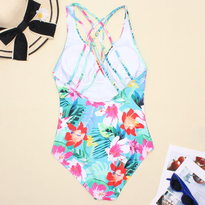 Women's Printed One Piece Swimwear Backless Swimsuit V Neck Summer Beach Wear Bathing Suit The Clothing Company Sydney
