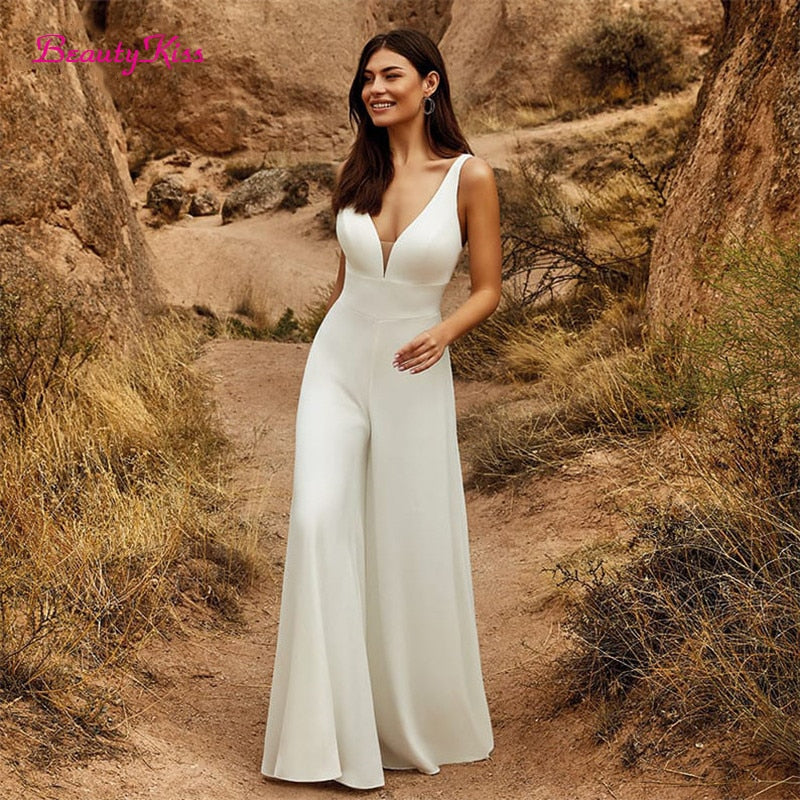 2 In 1 Wedding Jumpsuit With Detachable Skirt Two Piece Bridal Dresses Pants Suit Lace Tulle V-Neck Sweep Train Gowns The Clothing Company Sydney