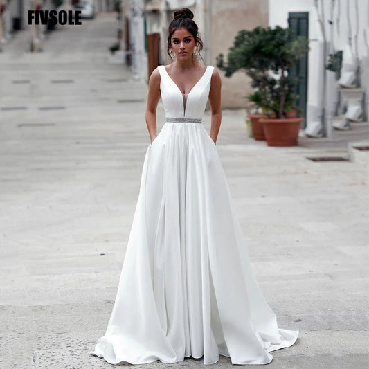 Satin Beach Beaded Sash  A Line Long Beach Brides Wedding Gowns Fashion Open Back Robe Wedding Dress The Clothing Company Sydney