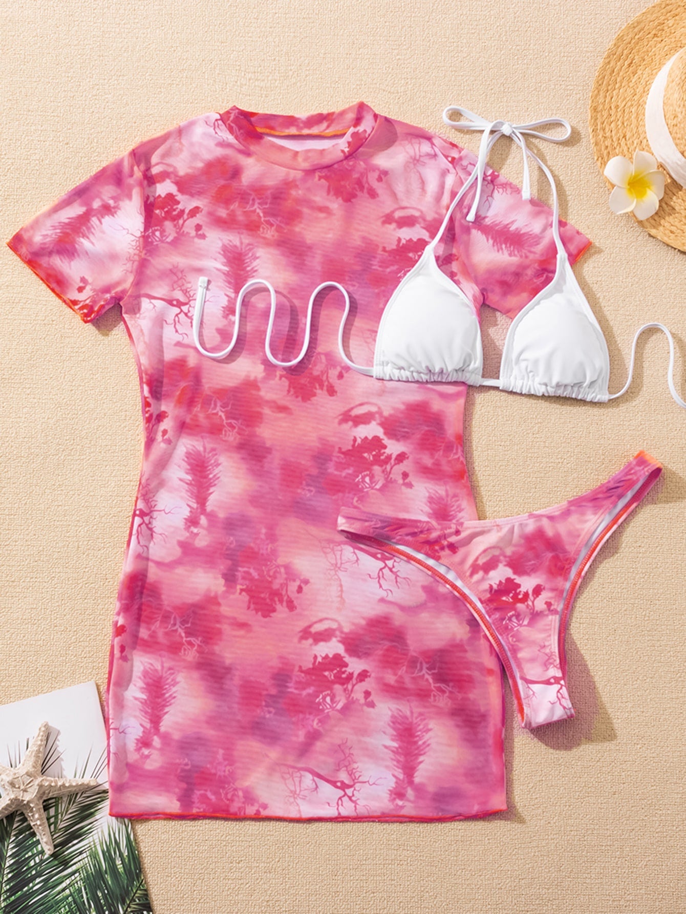 Slit Cuff Plunge Neck Three Piece Bikini Set with Cover Up Plain Swimsuit Women Swimwear Summer Beach Bathing Suit The Clothing Company Sydney