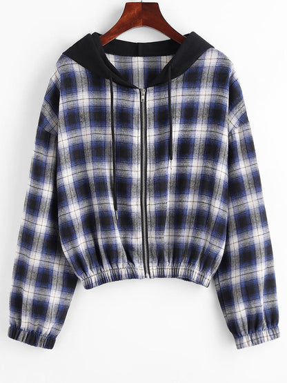 Plaid Flannel Flap Pocket Zip Hooded Jacket Women's Drop Shoulder Coat Zip Up Short Jacket Winter Outwear The Clothing Company Sydney