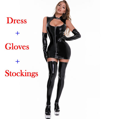Elastic Bodycon Hollow Out Sleeveless Nightclub Costume Clubwear Street Wear Women Shiny PVC Leather Dresses The Clothing Company Sydney