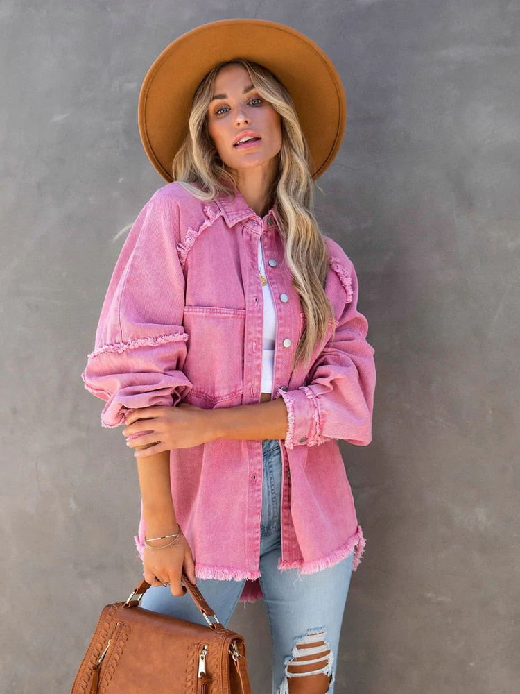 Loose Turn-down Collar Denim Jacket Coat Casual Denim Jacket Long Sleeve Tassel Solid washed Tops The Clothing Company Sydney