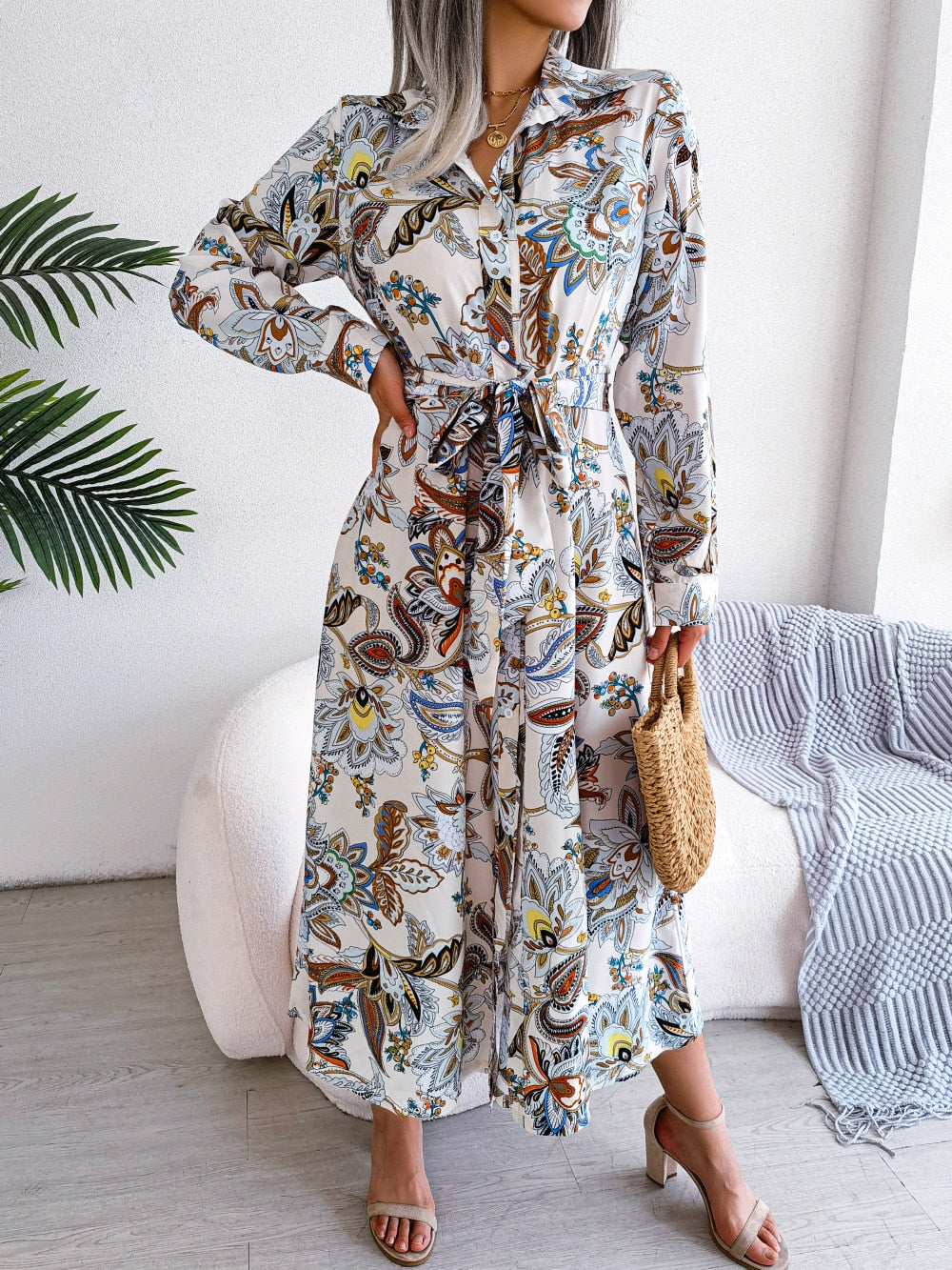 Spring Summer Retro Floral Collar Long Sleeve Tie Up Shirt Dress For Ladies Fashion All Match Print Dresses The Clothing Company Sydney