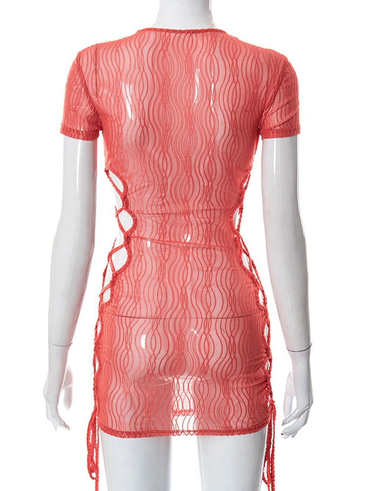 Print Hollow Out Lace Up Mini O Neck Short Sleeve See Through Summer Fairy Grunge Dress The Clothing Company Sydney