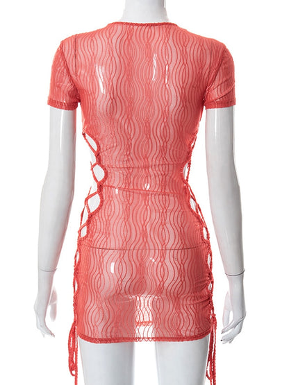 Print Hollow Out Lace Up Mini O Neck Short Sleeve See Through Summer Fairy Grunge Dress The Clothing Company Sydney