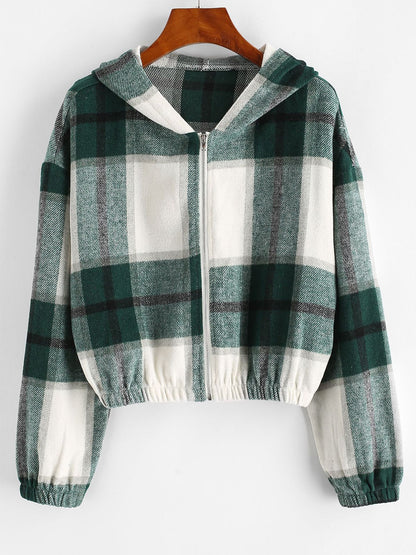 Plaid Flannel Flap Pocket Zip Hooded Jacket Women's Drop Shoulder Coat Zip Up Short Jacket Winter Outwear The Clothing Company Sydney