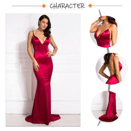 Backless Satin Evening Gown Strappy Deep V Neck Floor Length Prom Padded Stretch Formal Cocktail Wedding Party Dresses The Clothing Company Sydney