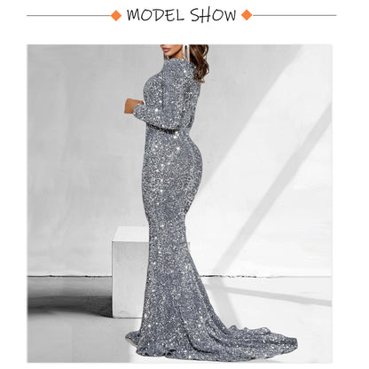 Luxury Long Sleeve Evening Gown Sequin Stretchy Velvet V Neck Mermaid Prom Floor Length Formal Cocktail Dress The Clothing Company Sydney