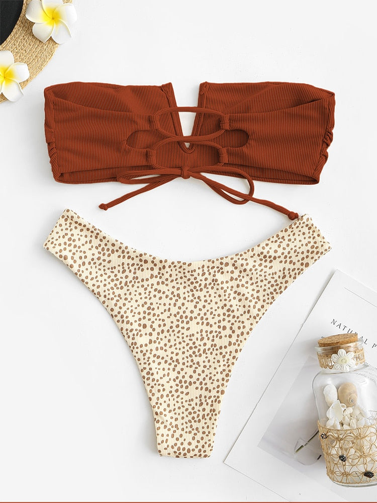 V-wired Ruffle Ribbed High Cut Bikini Swimwear High Cut Strapless Lace Up Removable Padded Women Bathing Suit The Clothing Company Sydney