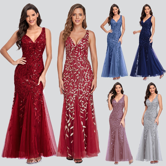 Sleeveless V-neck Tulle Sequins Cocktail V-back Mermaid Party Prom Gown Formal Occasion Embroidered Formal Dress The Clothing Company Sydney