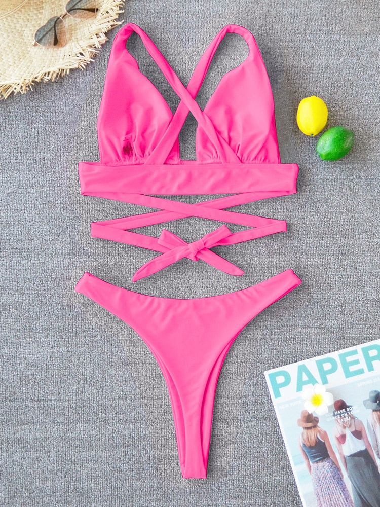 2 Piece Solid Swimsuit Swimwear Push Up Bikini Set Cross Bandage Bathing Suit Beach Wear Swimming Suit The Clothing Company Sydney