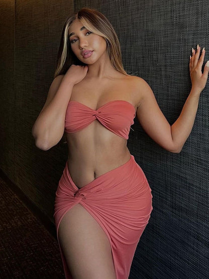 Elegant Strapless Sexy Two Piece Set Women Sleeveless Crop Top And High Split Skirt Matching Sets Party Dress Sets The Clothing Company Sydney