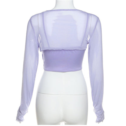 Summer Long Sleeve Crop Top T-shirt Bustier Corset And Mesh Top Two Piece Tee Shirt Sexy Fashion Y2K Top The Clothing Company Sydney